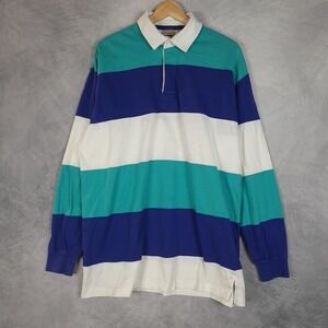 Vintage LL Bean Rugby Polo Shirt Mens LT Green Blue Stripe Long Sleeve Peru